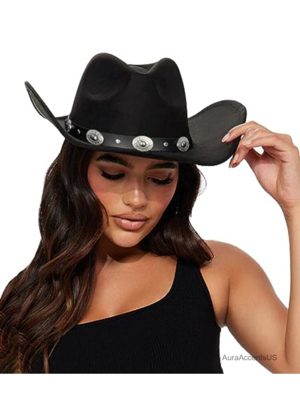 Womens Studded Pinched Cowboy Hat Wide Brim Western Fedora